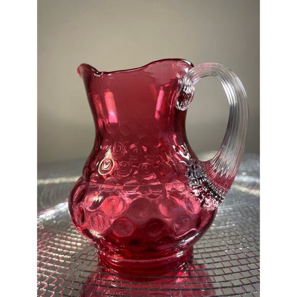 Vintage Cranberry Glass Coin Dot Thumbprint Pitcher W/ Clear Ribbed Bud Vase - Picture 9 of 13